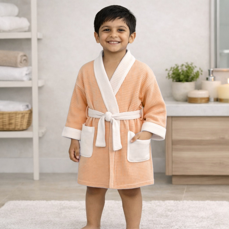 Cotton Micro Waffle Bathrobe | Shawl Collar | Peach