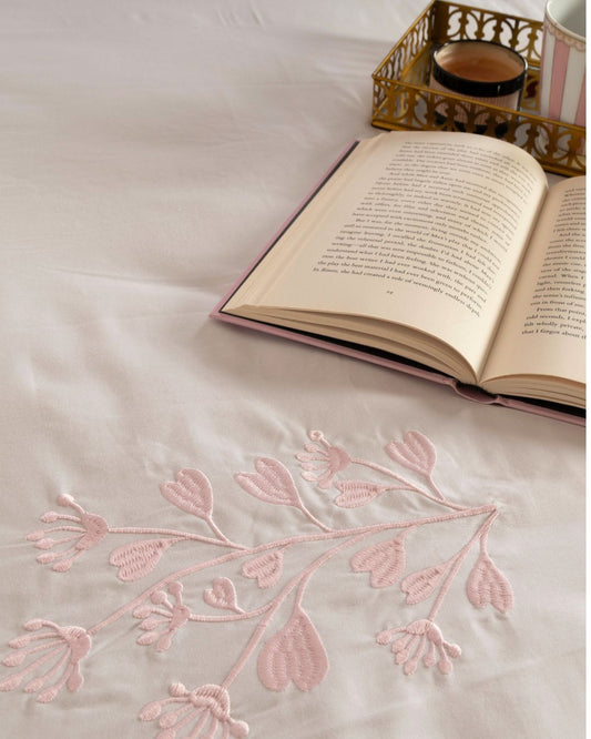 500 TC White Bedsheet with Contrast Embroidery | Pink