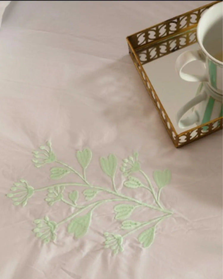 500 TC Bedsheet  White with Contrast Embroidery |Green