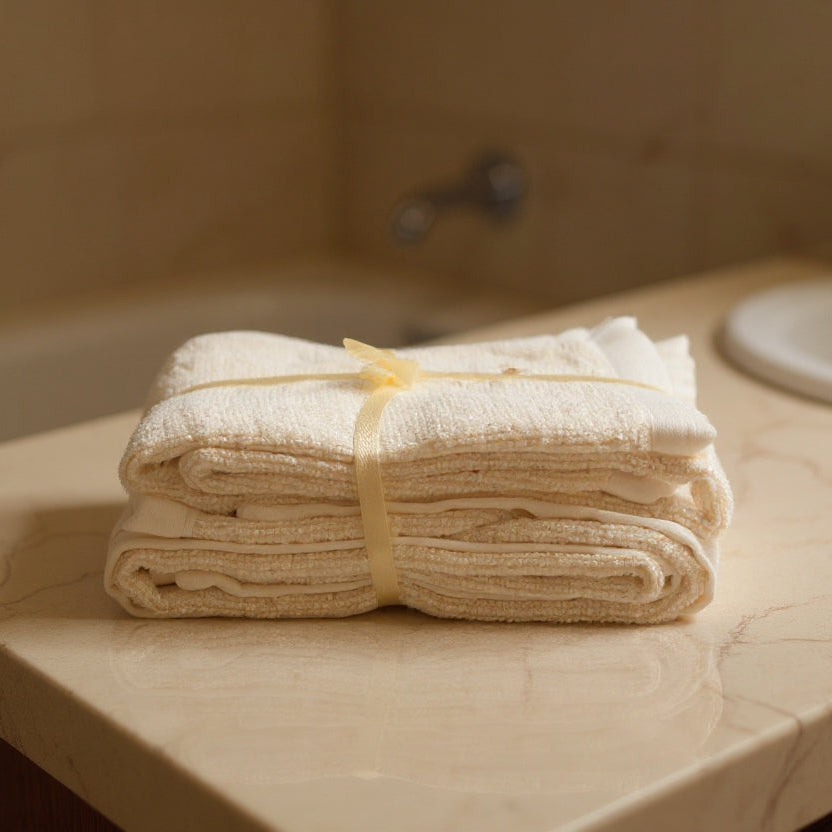 Stack of white towels tied with a yellow ribbon on a bathroom counter.