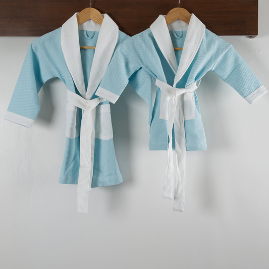 Cotton Micro Waffle Bathrobe | Shawl Collar |Blue