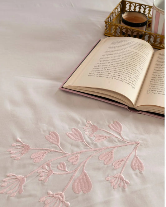 500 TC  Bedsheet White with Contrast Embroidery | Pink
