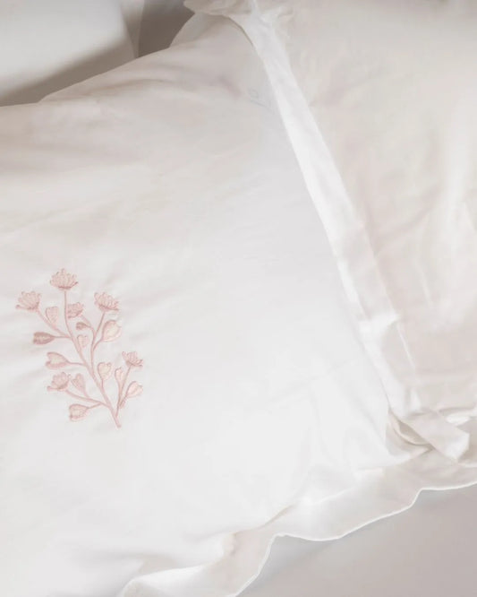 500 TC  Bedsheet White with Contrast Embroidery | Pink