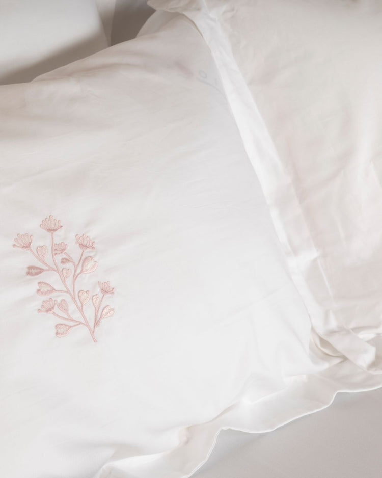 500 TC White Bedsheet with Contrast Embroidery | Pink